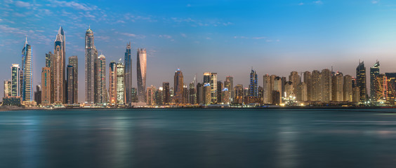 Obraz premium Night lights on JBR. Emirates, Dubai, Jumeirah Beach Residens & Dubai Marina, Dec.2017