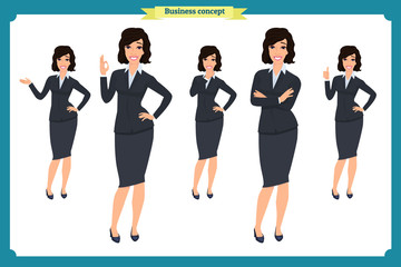Fototapeta na wymiar Set of young businesswoman presenting in different poses.People character. Standing, Woman body template for design, presentations work.Isolated on white. Flat style.business