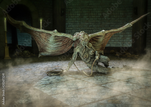 Female Cthulhu Like Monster Sitting In A Dungeon Stock