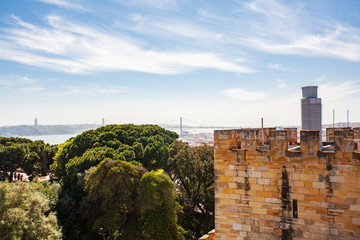 Old Lisbon Portugal panorama. cityscape with roofs. Tagus river. miraduro viewpoint. View from sao jorge castle