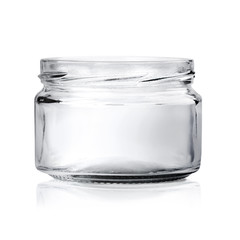 MoÑkUp transparent empty glass jar on white background.