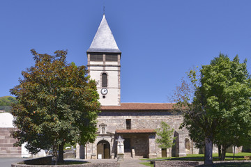 Church and trees at Saint-Etienne-de-Baigorry, a commune in the Pyrénées-Atlantiques department in south-western France