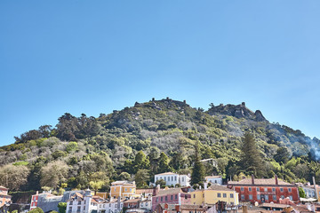 Obraz premium Worms eye view of the impressive Palace da Pena over the hill in Sintra, Lisbon. Portugal