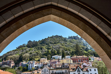 Worms eye view of the impressive Palace da Pena over the hill in Sintra, Lisbon. Portugal. Window...