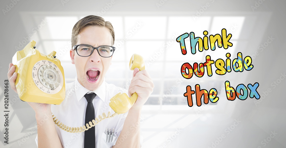 Poster geeky businessman shouting at retro phone against room with large window showing city