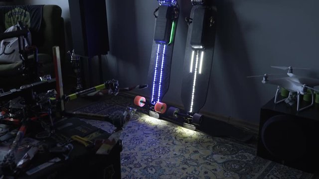 Electric longboard led lighting, carbon skate, board, assembling selfmade project