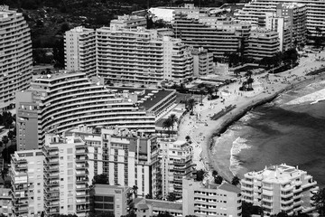 Aerial view of Calpe, Costa Blanca. Popular summer resort in Spain. Black and white