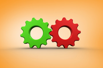 Red and green cog and wheel against orange vignette