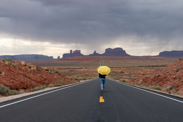 Woman with a yellow umbrella at Monument Valley