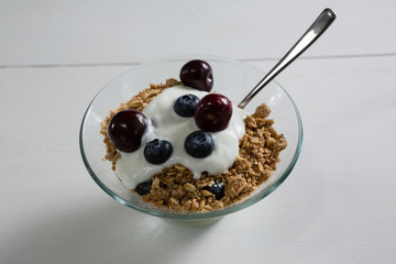 Bowl of breakfast cereals with spoon
