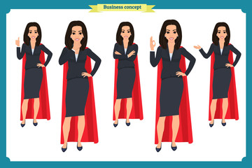 Set of super Businesswoman character design with different poses. Illustration isolated vector on white in flat cartoon style.Blonde Women in office clothes. Business 