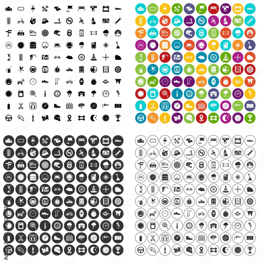 Poster 100 motorsport icons set vector in 4 variant for any web design isolated on white