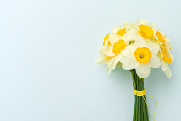 Spring flowers daffodil bouquet - top view of white narcissus on blue pastel background with copy space.