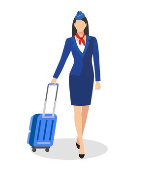 Stewardess Holding Suitcase. flying attendants ,air hostess , Vector illustration.Profession: stewardess. Isolated on white background. 