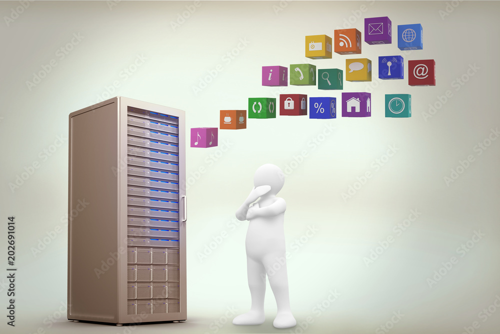 Poster white character thinking against digitally generated server tower