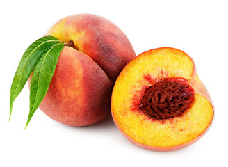 Ripe whole peach with green leaves and half peach isolated on white background with clipping path
