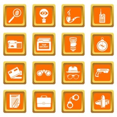 Spy icons set vector orange square isolated on white background 