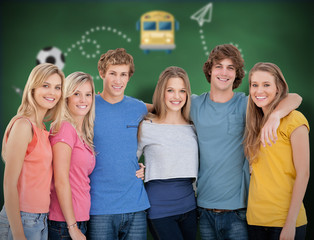 School graphics against a group of friends smiling and holding each other
