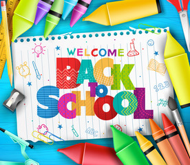 Colorful Welcome Back to Shool Text in  a One Piece Paper Sleeve with School Items in Blue Wooden Background. Vector Illustration
