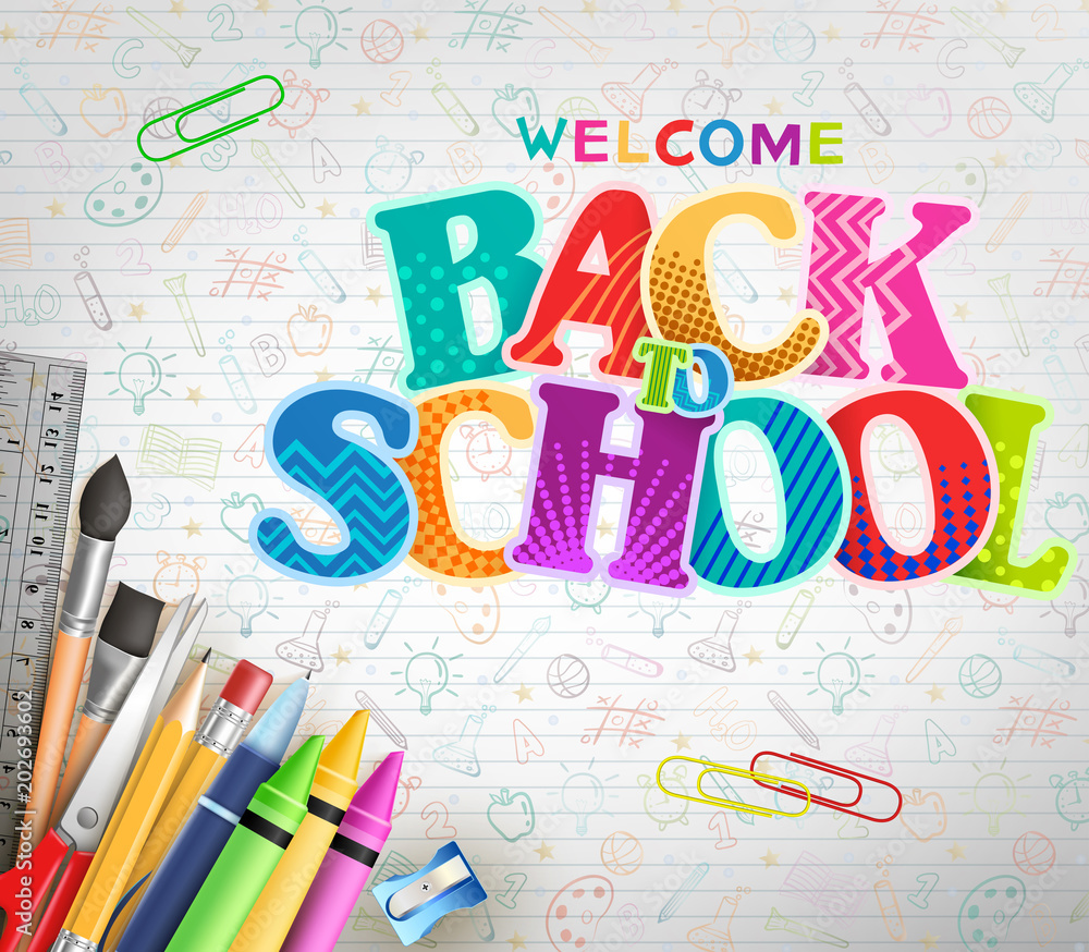 Aufkleber creative back to school banner text with different colors and pattern in paper background with doodl