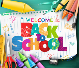 Colorful Patterned Back to School Text in a Piece of White Paper with Hand Drawn Doodle and School Supplies in Green Chalkboard Background. Vector Illustration
