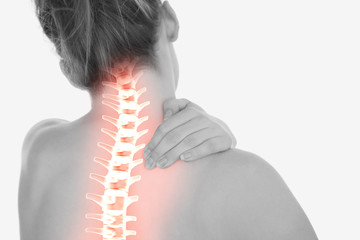 Highlighted spine of woman with neck pain - obrazy, fototapety, plakaty