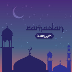 Obraz na płótnie Canvas Ramadan Kareem islamic greeting design with dome mosque and moon and stars on sky element. background Vector illustration.