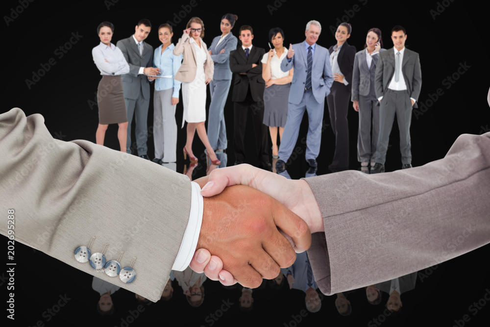 Poster composite image of side view of shaking hands