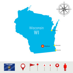 Wisconsin Vector Map Isolated on White Background. Detailed Silhouette of Wisconsin State. Official Flag of Wisconsin