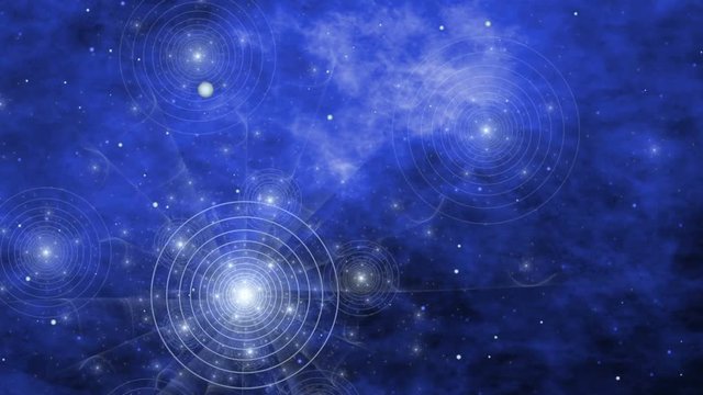 Fantasy space scene, imaginary star chart, night sky atlas and nebula. Planisphere with imaginary blue nebula, planets and star fields background. Abstract illustration, animation, seamless loop