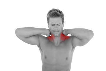 Man yelling and suffering from neck pain on white background