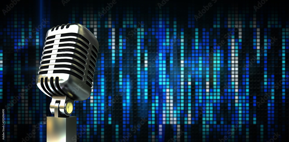 Poster digitally generated retro chrome microphone against digitally generated cool pixel background