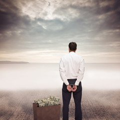 Rear view of young businessman wearing handcuffs against grey sky