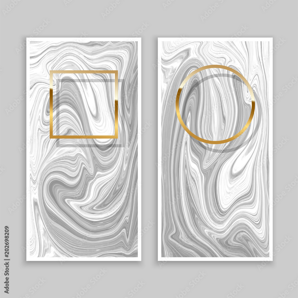 Poster golden square and ring frames with shadows on gray marble background. vector design element set.