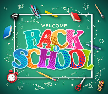 Green Chalkboard Background Back to School Colorful Patterned Text in Frame with Hand Drawn Doodle and School Supplies. Vector Illustration

