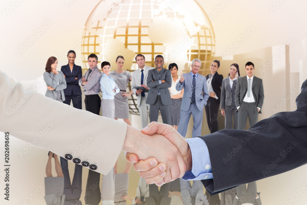 Aufkleber smiling business people shaking hands while looking at the camera against planet on abstract backgro