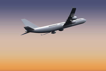 Fototapeta na wymiar Graphic airplane against purple sky
