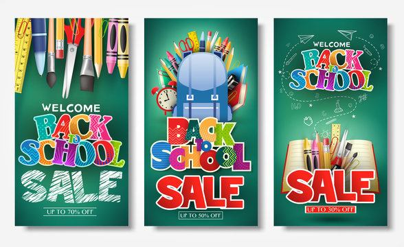 Decorative Back to School Sale Text in Green Chalkboard Background Promotional Poster and Banner Set Consisting of Different School Supplies for Marketing Purposes 
