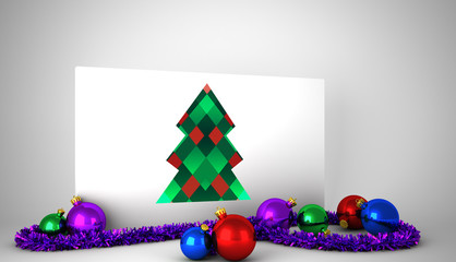 Hipster christmas tree against poster with colourful christmas decorations