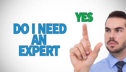 Businessman measuring something with his fingers against white background with vignette