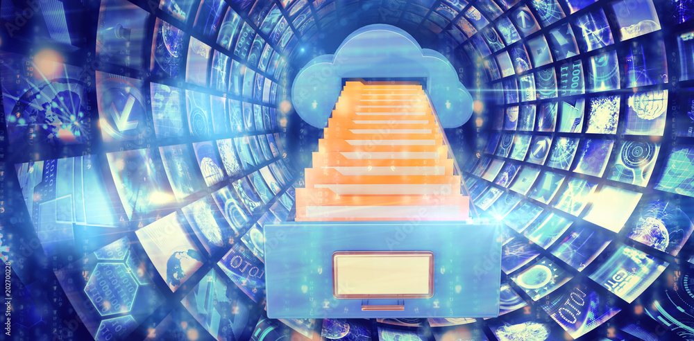 Poster digitally generated black and blue matrix against composite image of cloud computing drawer