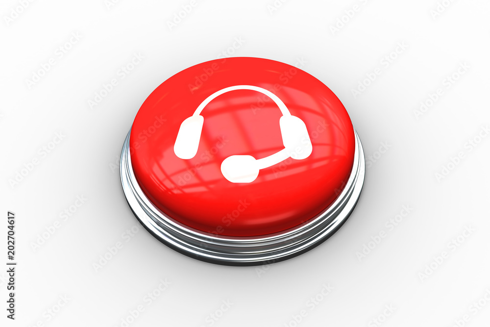 Poster composite image of headset graphic on digitally generated red push button