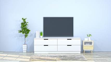 Tv with white cabinet in the room 3d illustration furniture,modern home designs,background shelves and books on the desk in front of clean wall