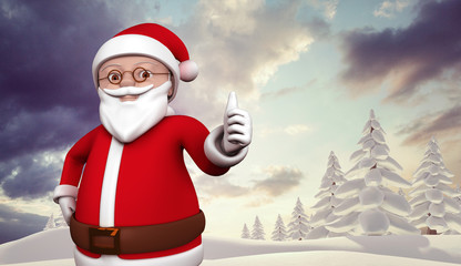 Cute cartoon santa claus against snowy landscape with fir trees