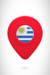 Close-up of map marker against uruguay national flag