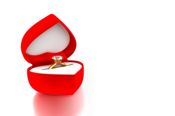 3d rendering of the golden white diamond ring with red velvet heart-shaped box, isolated on white background with reflection and clipping paths.