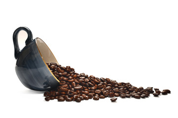 Coffee beans in coffee cup isolated on white