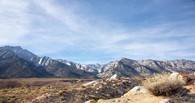 Lone Pine Peak timelapse view at Alabama Hills, Eastern Sierra Nevada Mountains, Lone Pine, California, USA.