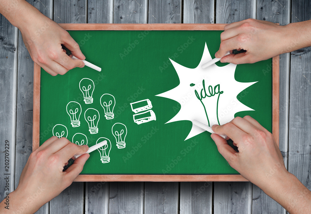 Poster composite image of multiple hands drawing brainstorm with chalk on wooden board