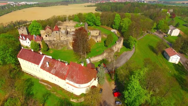 Drone flight around of Klenova castle was built in 1291 as a part of the frontier defence system. Aerial view of famous Czech landmark. European monuments from above.